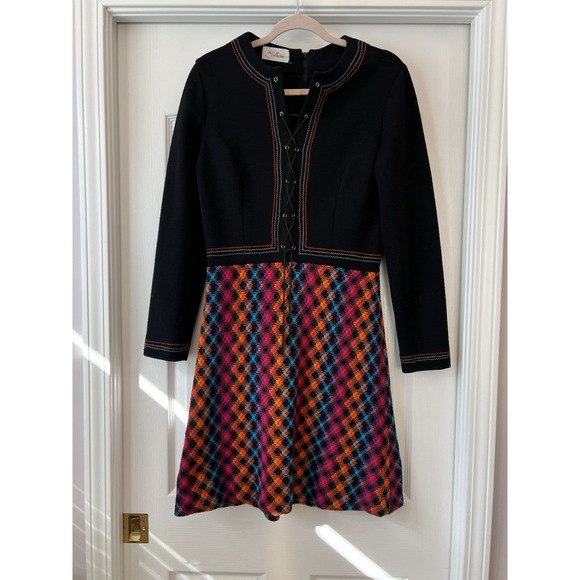 The Collection Royal Dresses & Skirts - Vintage Lace Up Bright Knit Black Embroidered Dress 60's Mod Retro Small Medium